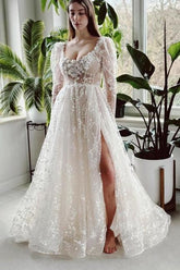 Ivory A Line Wedding Dress Sleeves Lace Bridal Gown With Slit