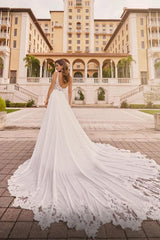 Ivory A Line Wedding Dress Spaghetti Straps V Neck Lace Bridal Gown With Slit