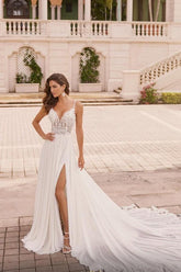 Ivory A Line Wedding Dress Spaghetti Straps V Neck Lace Bridal Gown With Slit