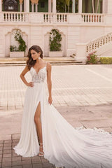 Ivory A Line Wedding Dress Spaghetti Straps V Neck Lace Bridal Gown With Slit