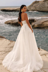Ivory A Line Wedding Dress Strapless Appliques Tulle Bridal Gown