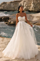 Ivory A Line Wedding Dress Strapless Appliques Tulle Bridal Gown