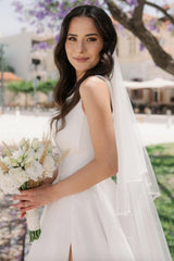 Ivory A Line Wedding Dress Straps Tulle Sleeveless Bridal Gown With Slit