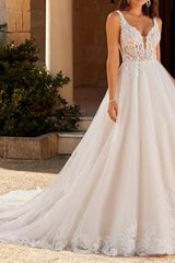 Ivory A Line Wedding Dress V Neck Tulle Appliques Bridal Dress with Sweep Train