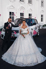Ivory Ball Gown Wedding Dress Off The Shoulder Tulle Lace Appliques Bridal Dress