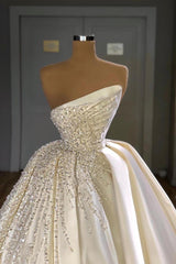 Ivory Ball Gown Wedding Dress Strapless Satin Bridal Dress with Beadings