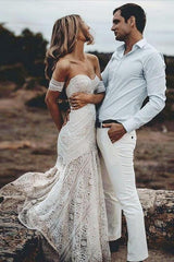 Ivory Beach Wedding Dress Sweetheart Mermaid Lace Boho Bridal Dress