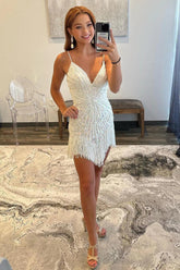Ivory Beaded Sheath Spaghetti Straps Short Homecoming Dress with Fringes