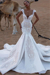 Ivory Cap Sleeves Wedding Dress V Neck Appliques Mermaid Bridal Dress