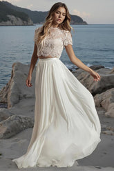 Ivory Chiffon A Line Two Piece Wedding Dress with Lace Crop Top