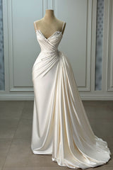 Ivory Column Sweetheart Spaghetti Strap Sleeveless Beaded Panel Train Ruffle Long Satin Bridal Gown With Pearls