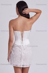 Ivory Corset Lace Tight Ruched Strapless Short Engagement Dress
