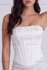 Ivory Corset Lace Tight Ruched Strapless Short Engagement Dress
