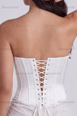 Ivory Corset Lace Tight Ruched Strapless Short Engagement Dress