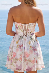 Ivory Floral Strapless Corset A-Line Short Homecoming Dress