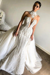 Ivory High Neck Wedding Dress Mermaid Tulle Bridal Dress With Panel Train