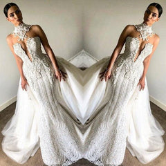 Ivory High Neck Wedding Dress Mermaid Tulle Bridal Dress With Panel Train
