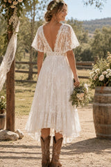 Ivory Lace A Line Tea Length Wedding Dress with V Neck and Flutter Sleeves