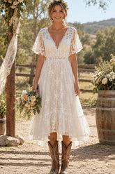 Ivory Lace A Line Tea Length Wedding Dress with V Neck and Flutter Sleeves