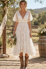 Ivory Lace A Line Tea Length Wedding Dress with V Neck and Flutter Sleeves