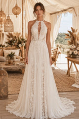 Ivory Lace A Line Wedding Dress with Halter Keyhole Neckline and Open Back
