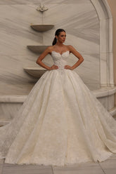 Ivory Lace Ball Gown Wedding Dress with Pearl Beaded Corset Bodice