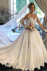 Ivory Long Sleeves Wedding Dress Lace Appliques A Line Bridal Dress