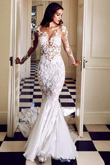 Ivory Long Sleeves Wedding Dress Mermaid Lace Appliques Bridal Dress