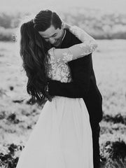 Ivory Long Sleeves Wedding Dress Tulle Lace A Line Bridal Dress