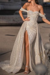 Ivory Mermaid Wedding Dress Off the Shoulder Evening Dress with Slit