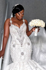 Ivory Mermaid Wedding Dress Spaghetti Straps Organza Beaded Appliques Bridal Dress