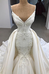 Ivory Mermaid Wedding Dress Spaghetti Straps Satin Appliques Bridal Dress with Panel Train