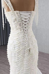 Ivory Mermaid Wedding Dress Tulle Bridal Dress with Imitation Pearls