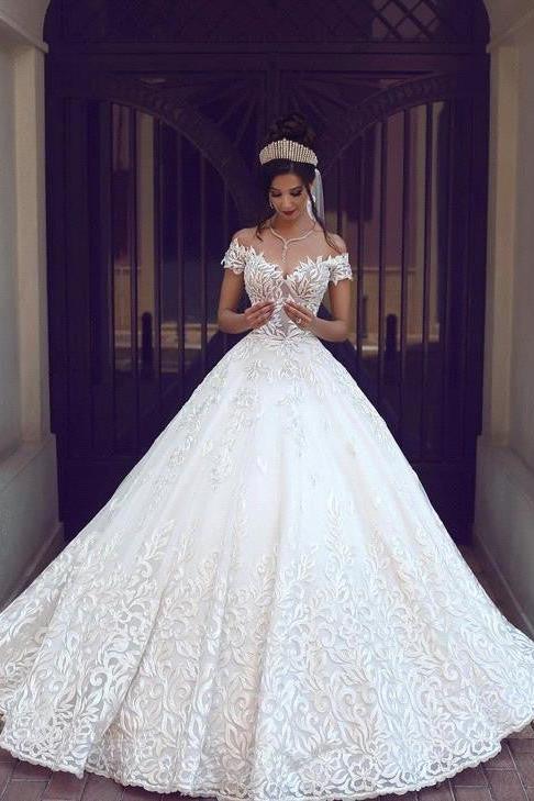 Ivory Off The Shoulder Lace Ball Gown Tulle Wedding Dress