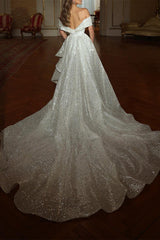 Ivory Off the Shoulder Evening Dress Sequin Mermaid Wedding Dress with Panel Train