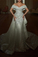 Ivory Off the Shoulder Evening Dress Sequin Mermaid Wedding Dress with Panel Train