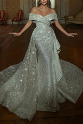 Ivory Off the Shoulder Evening Dress Sequin Mermaid Wedding Dress with Panel Train