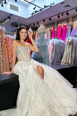 Ivory Prom Dress Beaded A Line Strapless Long Organza Corset Evening Dress