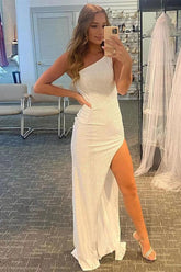 Ivory Prom Dress One Shoulder Sequined Evening Dress with Slit