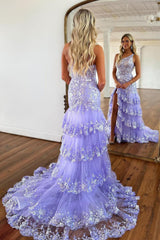 Sparkly Lilac One Shoulder Tiered Lace Long Prom Dress with Slit