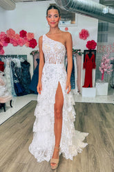 Ivory Prom Dress One Shoulder Tiered Lace Long Evening Dress with Slit