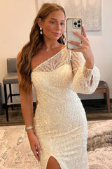Ivory Prom Dress Sequined Prom Dress One Shoulder Evening Dress with Slit