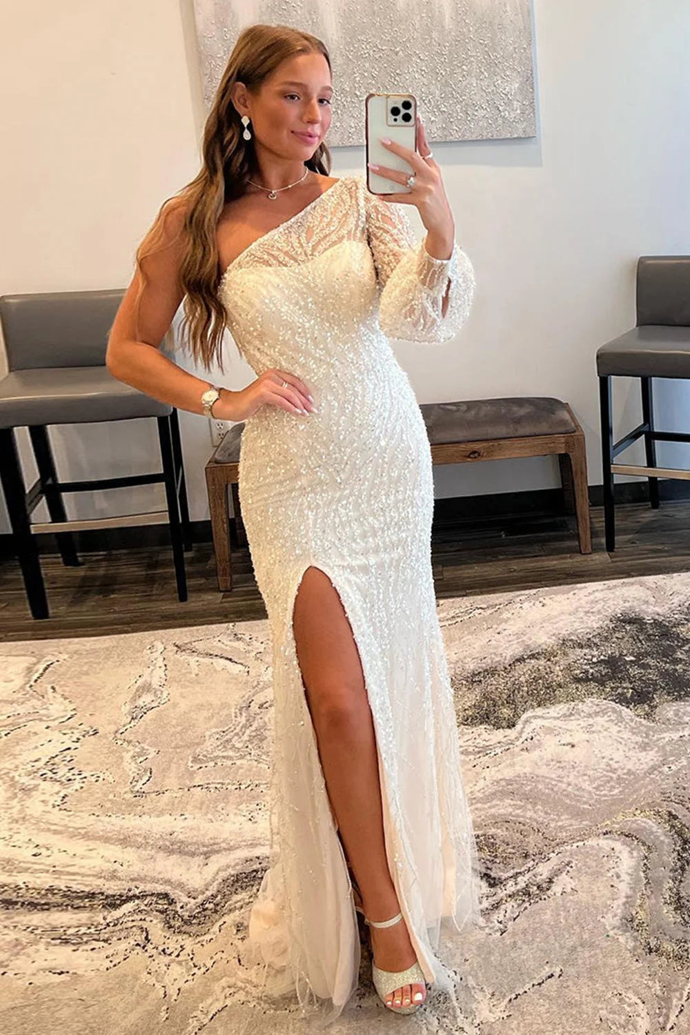 Ivory Prom Dress Sequined Prom Dress One Shoulder Evening Dress with Slit