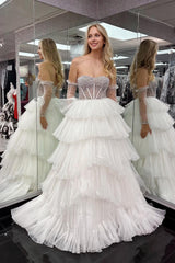 Ivory Prom Dress Tiered Tulle Corset Long Evening Dress with Beading