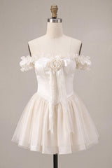 Ivory Ruffled A Line Corset Short Homecoming Dress with 3D Flower