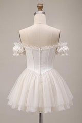 Ivory Ruffled A Line Corset Short Homecoming Dress with 3D Flower