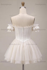Ivory Ruffled A Line Corset Short Homecoming Dress with 3D Flower