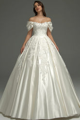Ivory Satin Ball Gown Wedding Dress with Off Shoulder Sleeves and Corset Bodice