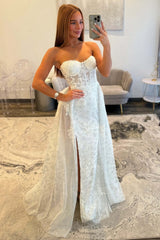 Ivory Sequined Lace Wedding Dress Sweetheart Long Formal Dress With Detachable Train