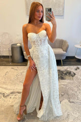 Ivory Sequined Lace Wedding Dress Sweetheart Long Formal Dress With Detachable Train